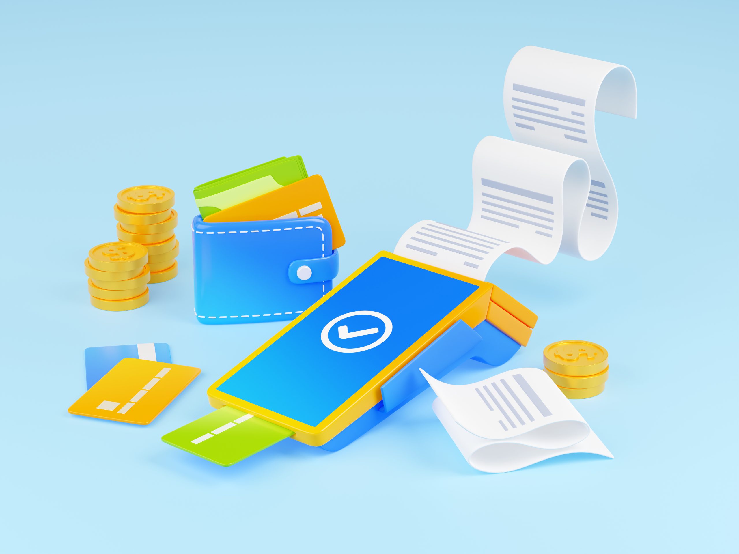 3D illustration of payment terminal, wallet with cash, bank cards and paper receipts isolated on background. Symbol of shopping, e-commerce, money transfer, expenditures and financial operation